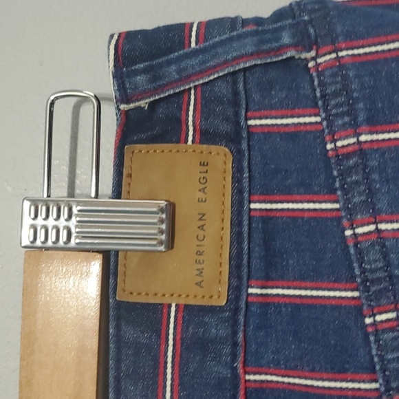 American Eagle Blue Denim Mini Skirt Sz 12 Nwt Red White Vertical Stripes USA - Picture 5 of 16